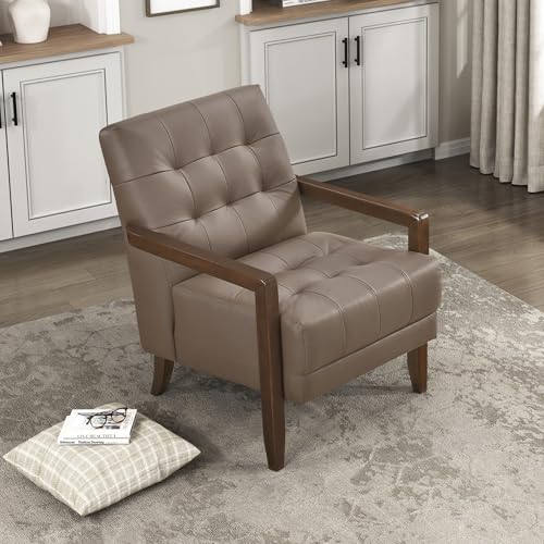 Lexicon Modern Accent Chair, Luxury Genuine Leather Match Living Room Chair with Tufted Cushions, Solid Wood Frame and Arm Rest, Comfy Upholstered Single Seat for Bedroom/Reading/Office, Brown Lexicon