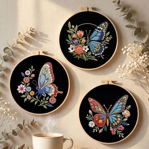 Santune Embroidery Kit Needlepoint Cross Stitch Kits for Beginners Adult Needle Point Sets with Butterfly Embroidery Patterns, Includes Step-By-Step Instructions and Accessories