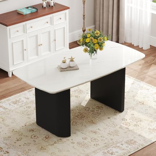 Ebullient White Marble Dining Table for 6–8, 67'' Modern Oval Kitchen Table with 3.5'' Thick White Marble-Patterned Tabletop and Matte Black Column Legs, Large Dining Room Table Ebullient