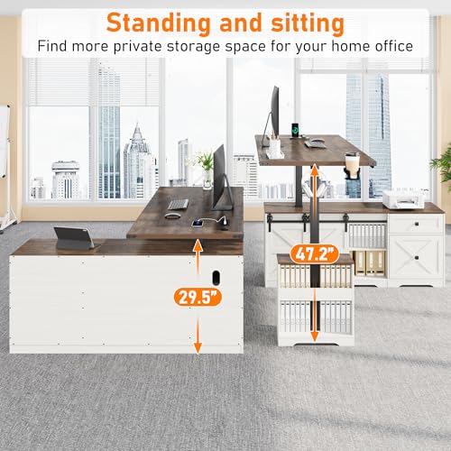 63" Farmhouse Electric Standing Desk Adjustable Height Sit Stand Corner Stand Desks, L Shaped Standing Computer Desk with Power Outlets & Storage Drawers & Sliding Door for Home Office, White St.Mandyu