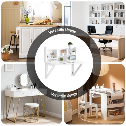 Haotian Wall Mounted Folding Table Drop-Leaf Floating Trestle Desk Computer Writing Workstation with Storage Compartments, White FWT07-II-W Haotian