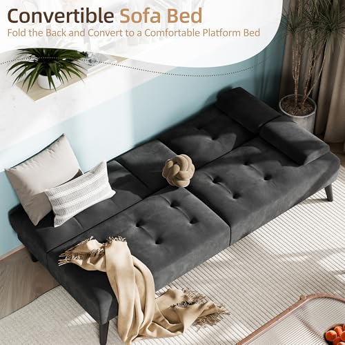 Shintenchi Futon Sofa Bed, Velvet Foldable Couch, Reclining Sleeper with Removable Armrests, Upholstered Loveseat Sofa Couch with Folding Cup Holders for Home, Office(Black) Shintenchi