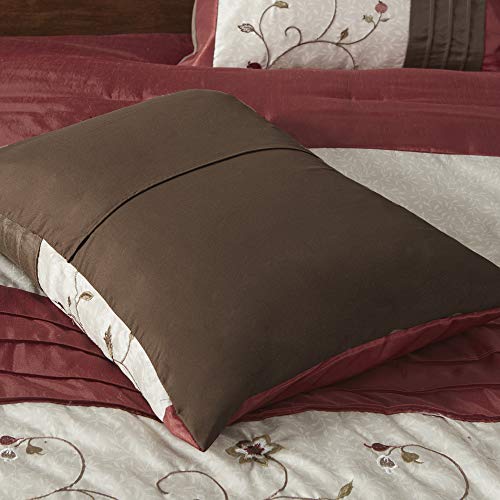 Madison Park Serene Faux Silk Comforter Set - Floral Embroidery Design, All Season Bedding Set, Matching Bed Skirt, Decorative Pillows, Red Cal King(104"x92") 7 Piece Madison Park