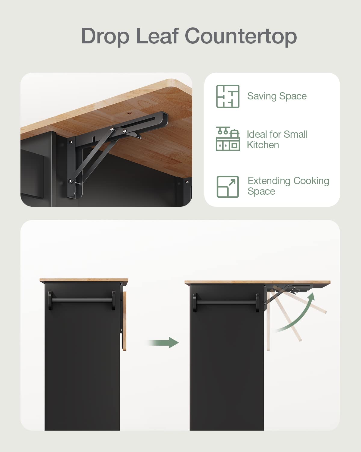 Qsun Kitchen Island with Storage, Kitchen Cart on 5 Universal Wheels, Mobile Kitchen Island with Rubber Wood Top and Side Rack (Black) Qsun