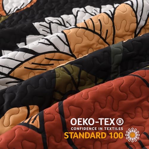 Andency Floral Boho Quilt King Size Bedding Set Black, 3 Pieces Farmhouse Flower Botanical Summer Bedspreads with 2 Shams, Soft Reversible Lightweight Microfiber Coverlet Set for All Season, 106"x96" Andency