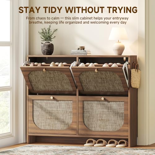 Nicetree Freestanding Ultra Slim Arched Rattan Accent Shoe Storage Cabinet for Entryway - 4 Flip Drawers & 3-Tier Adjustable Shelves, Farmhouse Modern Rustic Shoe Rack for Hallway, Foyer Oak Nicetree