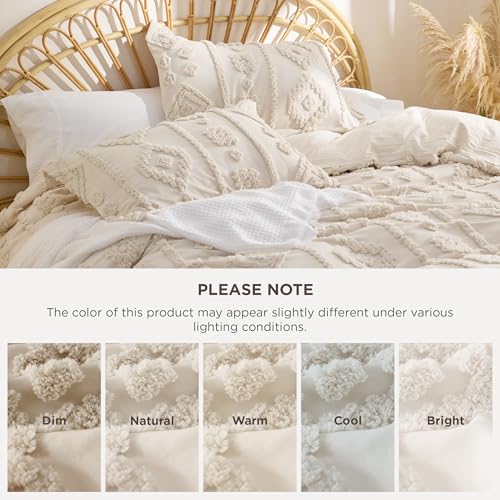 Bedsure Boho Duvet Cover Queen Size - Beige Tufted Boho Bedding, Farmhouse Shabby Chic Embroidery Bedding for All Seasons, 3 Pieces, 1 Soft Jacquard Queen Comforter Cover and 2 Pillow Shams Bedsure