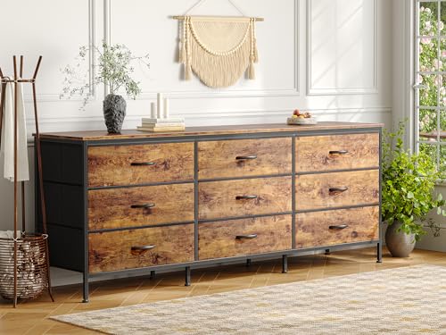 Huuger 9 Drawer Dresser, 63 Inch Dresser TV Stand for 55, 65, 70 Inch TV, Entertainment Center with Drawers, Large Long Fabric Dresser for Bedroom, Closet, Rustic Brown Huuger