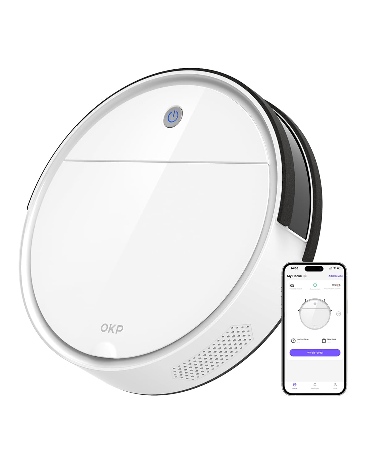 OKP Life K5 Robot Vacuum Cleaner, 120 Min Runtime, Robotic Vacuum Cleaner with WiFi/App/Alexa, Schedule Time, Self-Charging, Mini Design, Quiet, Ideal for Hard Floors, Pet Hair, Carpets OKP Life