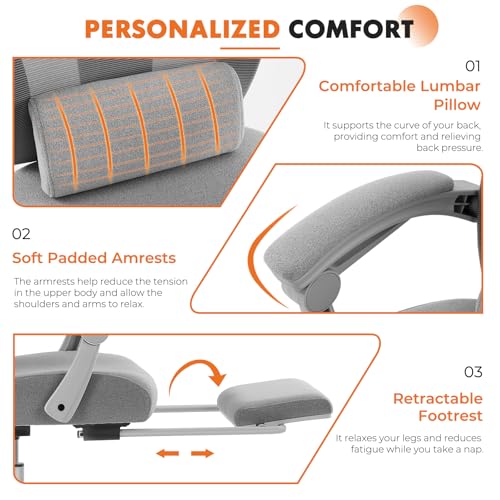 Sweetcrispy Office Computer Desk Chair with Footrest,Ergonomic High-Back Mesh Rolling Work Swivel Chairs with Wheels,Comfortable Lumbar Support,Comfy Arms for Home,Bedroom,Study,Student,Light Grey Sweetcrispy