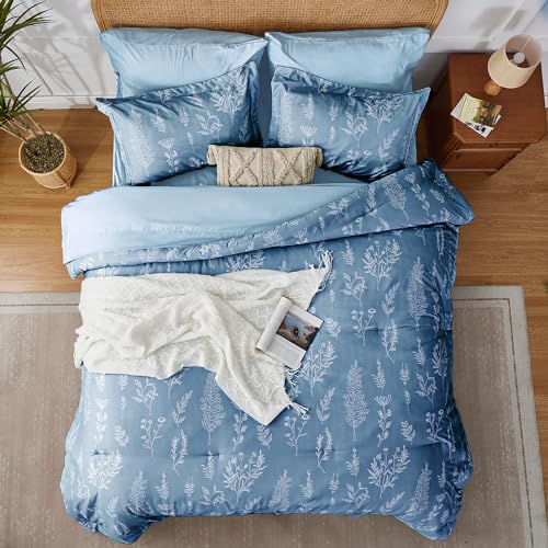 Kozyhvn Floral Comforter Set Full Blue, Cute Flower Bed in a Bag Full Boho 7 Pieces, Soft Fluffy Bedding Sets with Comforter, Sheets, Pillowcases & Shams, All Season Kozyhvn