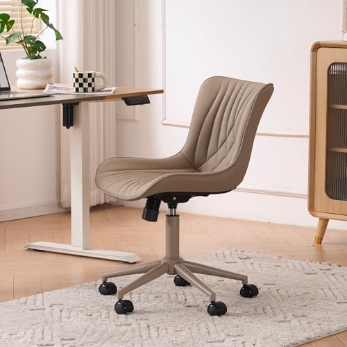 YOUTASTE All Khaki Office Chair, Modern Armless Desk Chair with Back, Adjustable Swivel Rolling Faux Leather Task Chair with Wheels Metal Base for Home Office, Study, or Vanity YOUTASTE