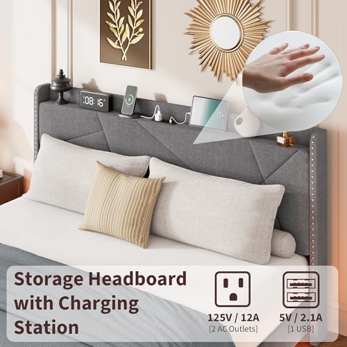 GarveeHome King Floating Bed Frame with LED Lights & Charging Station, Upholstered Platform Beds with Storage Headboard & Folding Shelves Storage, Metal Slats Support, No Box Spring Needed, Grey GarveeHome