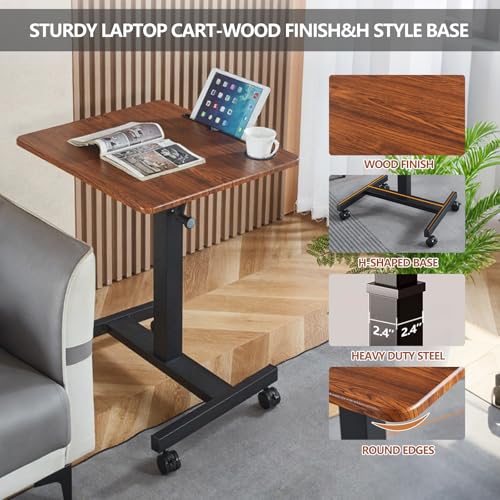 Mobile Standing Desk,Height Adjustable Overbed Bedside Table with Wheels&Cup Holder,Hand Crank Sit Stand Desk and Laptop Cart,Computer Workstation for Home Office Classroom Hospital (Manual Walnut) BeGyoku