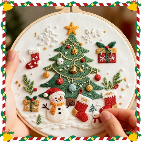 TUIFOQU Christmas Embroidery Kit, 4 Pack Beginner Embroidery Kit for Adults, Including Pattern, Needles, Cotton Threads and Instructions