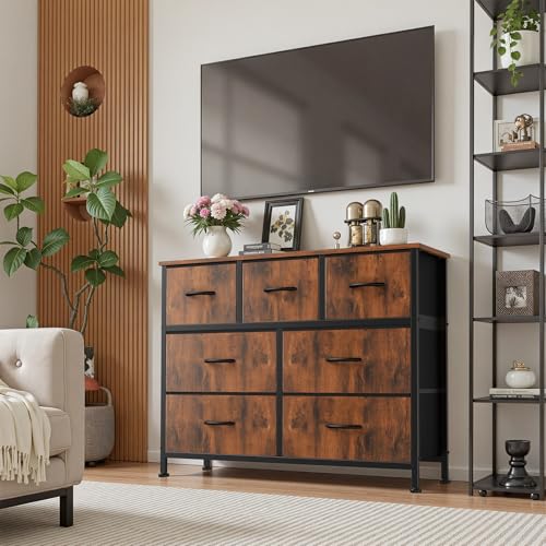 Sweetcrispy 7 Drawer Dresser with Fabric Bins Fabric Storage Tower Organizer for Bedroom Closet Hallway Entryway Tall Chest of Drawers with Steel Frame Wood Top Easy Pull Handles,Rustic Brown Sweetcrispy