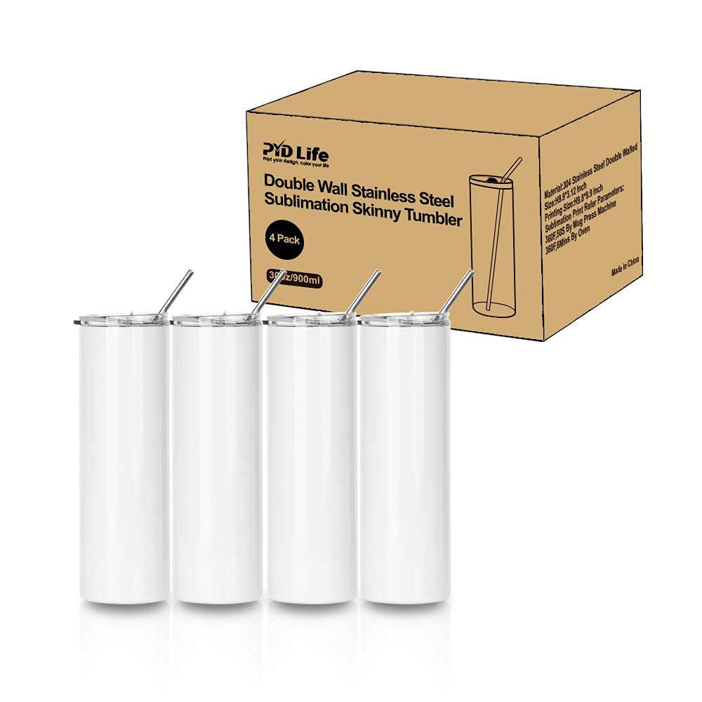 PYD Life Sublimation Blanks Tumbler Skinny 30 OZ Straight Stainless Steel Coffee Tumbler with Lid and Metal Straw for Tumbler Press Machine Heat Transfer 4 Pack PYD Life