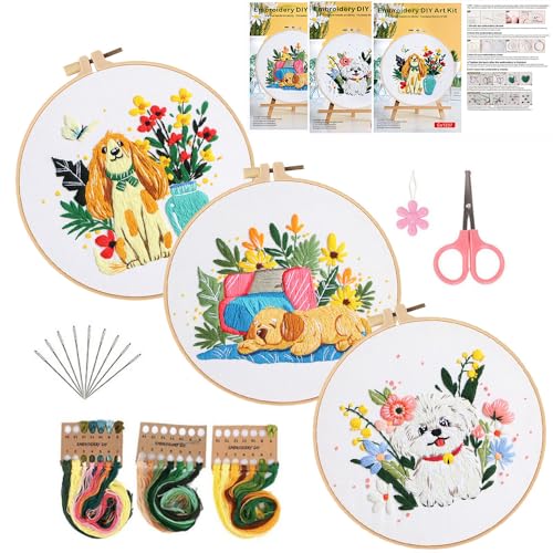 Konrisa 3 pcs Dog Flower Embroidery Kits for Beginners, Needlepoint Cross Stitch Kits with Pattern, DIY Sewing Practice Kit, Include 1pcs Hoop