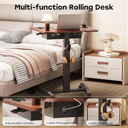 JOY worker Height Adjustable Rolling Laptop Desk with Shelf,Mobile Standing Desk,Pneumatic Mobile Laptop Table with Wheels for Couch Home Office School,Holds Up to 22lbs,Dark Walnut JOY worker