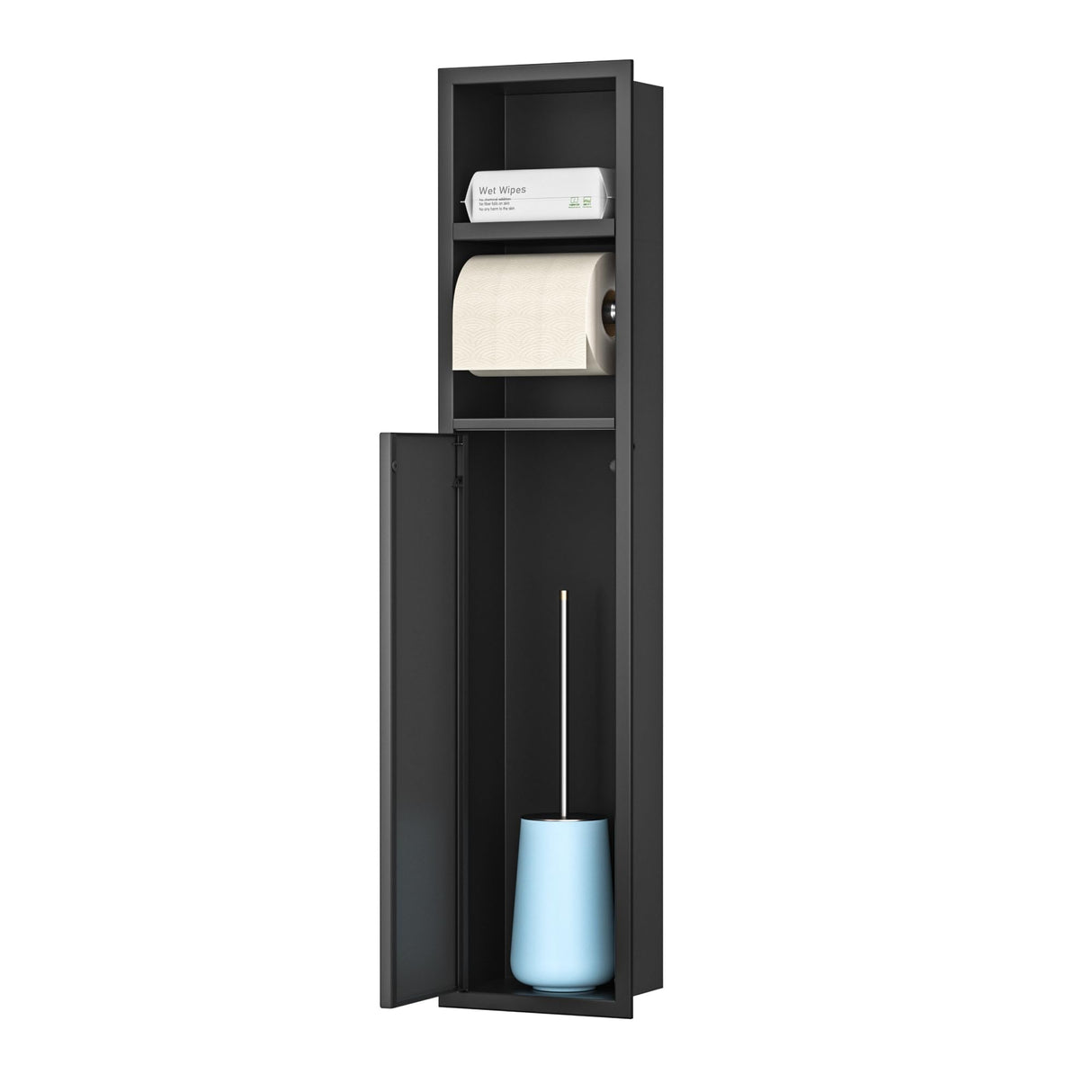 Bernkot in Wall Toilet Paper Niche w/Shelf, Recessed Toilet Roll Holder for Bathroom Remodeling, 304 Stainless Steel Covered Brush Holder (Matte Black) Bernkot