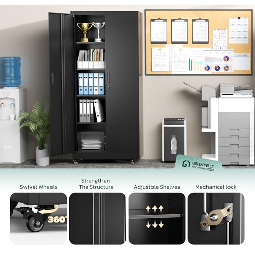 Greenvelly 73" Storage Cabinet with Wheels,Metal Rolling Garage Cabinet with Locking Doors and 4 Adjustable Shelves for Home,Kitchen,Office,Warehouse(32" W x 16" D) Greenvelly