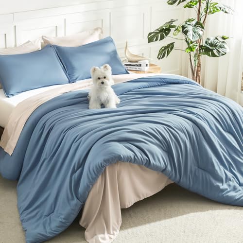Litanika Comforters Queen Size Set Grayish Blue, 3 Pieces Lightweight Solid Bedding Comforter Set, All Season Fluffy Bed Set (90x90In Comforter & 2 Pillowcases) Litanika