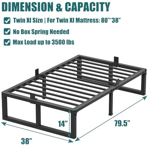 Yitong Angel Twin XL Size Bed Frame, 14 Inch Heavy Duty Support 3500 lbs Metal Platform, No Box Spring Needed/Noise Free/Non-Slip/Steel Slat Support/Easy Assembly Yitong Angel