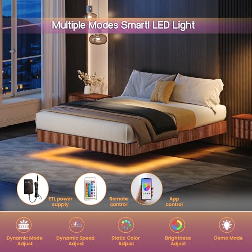 Bellemave Queen Floating Bed Frame with LED Lights, Walnut Wood Floating Bed Frame Queen, Wave Curve Wood Texture Bed with Heavy Duty Metal Slats Bellemave