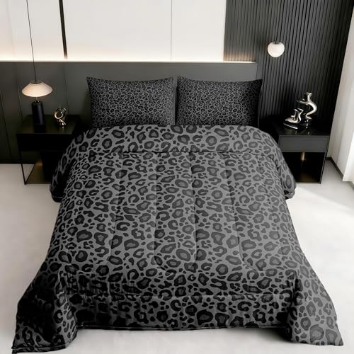 Castle Fairy Leopard Print Comforter Set Queen Size Cheetah Print Super Soft Bedding Set for Women Bedroom Decor,African Wildlife Animal Skin Comforter-3 Pieces,Retro Noble Duvet Insert,Black Grey Castle Fairy