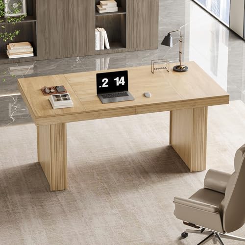 Tribesigns 63" Executive Desk, Modern Executive Office Desk with Thickened Desktop and Heavy-Duty Legs, Wood Writing Workstation Study Table Conference Table for Office, Natural Tribesigns