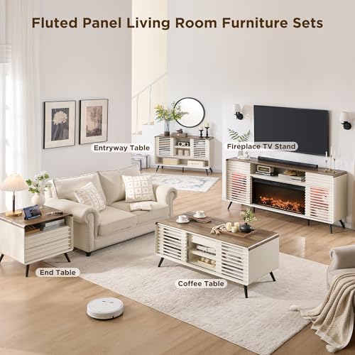RedLemon 46" Entryway Table, Mid Century Modern Console Table with Slatted Sliding Door, Storage Shelf Wood Sofa Table Behind Couch for Hallway, Living Room, Foyer, Antique White RedLemon