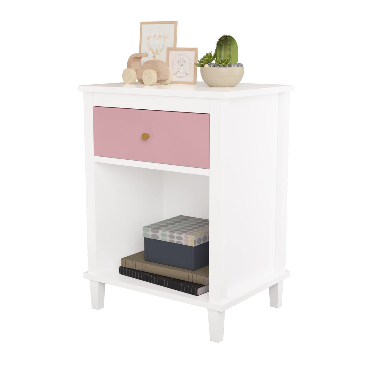 CEMKAR Wooden Nightstand, Bedroom Nightstand with 1 Drawer and 1 Open Compartment, Kids Nightstand (White+Pink) CEMKAR