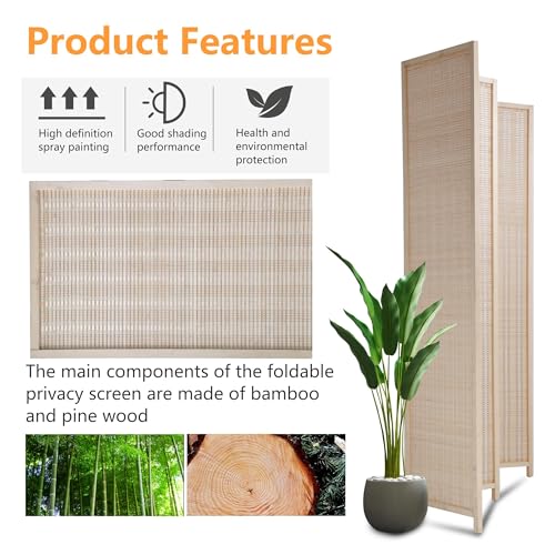 Bamboo Room Divider - 4 Panel Folding Privacy Screen, 72 x 17.7 - Ideal Room Partition & Divider for Living Room, Bedroom, Study (Natural, 4 Panel) PIKAQTOP