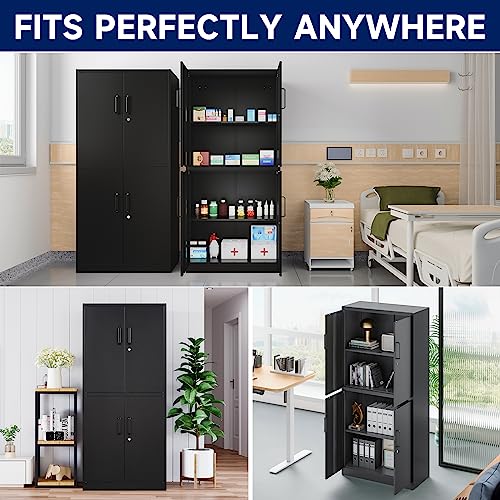 Yizosh Metal Storage Locking Cabinet with 4 Doors and 2 Adjustable Shelves,71" Lockable Garage Tall Steel Cabinet,for Home Office,Living Room,Pantry,Gym,Commercial Storage (Black) Yizosh