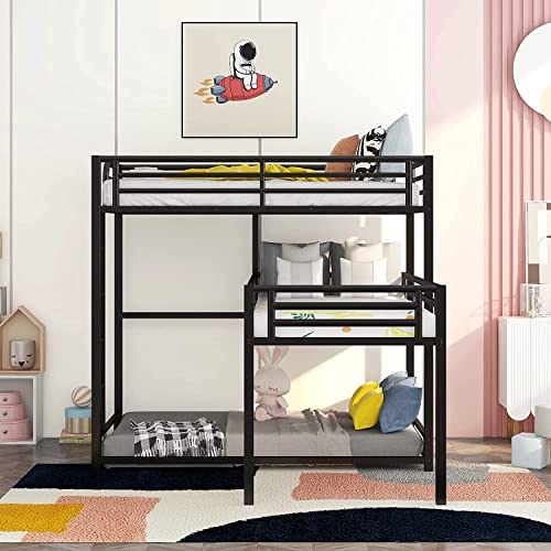 MERITLINE Metal Triple Bunk Bed for Kids, L-Shaped Twin Over Twin & Twin Bunk Bed Frame, 3 in 1 Bed Bunk Beds with Guardrails and Ladders for Teens Adults, Black MERITLINE