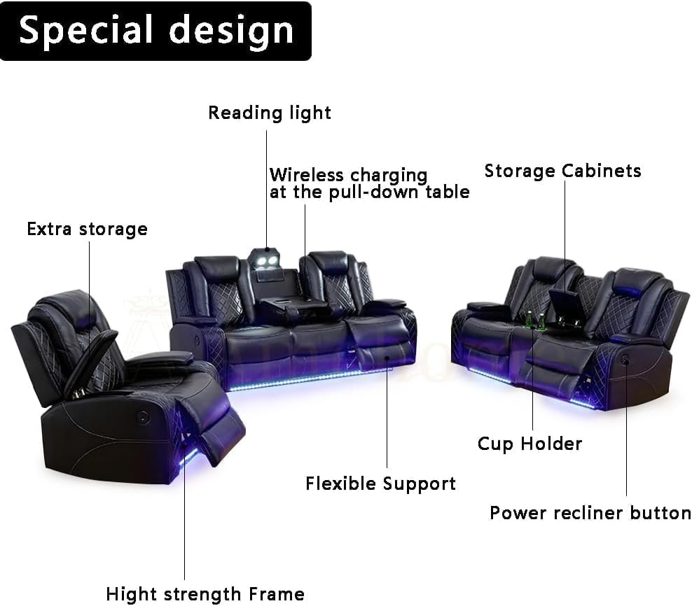 AYCP Multifunction Power Recliner Couch Set with LED Light, Storage Console, Cup Holders, USB Charging Port (3Piece, Black) AYCP
