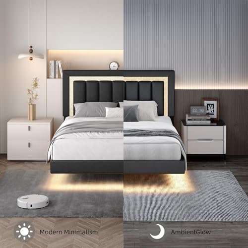 HOMBCK Floating Bed Frame Full with Smart LED Lights, Faux Leather Upholstered Bed Frame Full with Diamond Headboard, No Box Spring Needed, Noise Free, Easy Assembly, Black HOMBCK