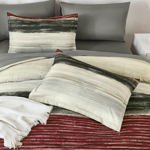 WONGS BEDDING Red King Size Comforter Set, 7 Pieces Striped Bed in a Bag Comforter and Sheet Set, Boho Lightweight Microfiber King Bedding Set for All Season (104" x 90")