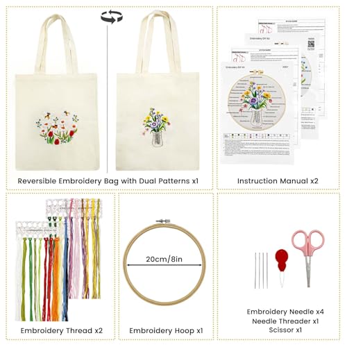 SNAIL GARDEN Double-Sided Embroidery Tote Bag Kit for Beginners, Reversible Floral and Bee & Vase Design, Complete Cross Stitch Supplies Included for Adults & Women