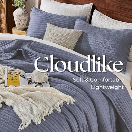 DOWN HOME Queen Quilt Bedding Set with Shams, Vintage Washed Soft Quilted Blanket Thin Comforter Lightweight Bedspread Coverlet Bed Cover, Brushed Microfiber Stripe Stitching, Vintage Denim, 86"x90" DOWN HOME