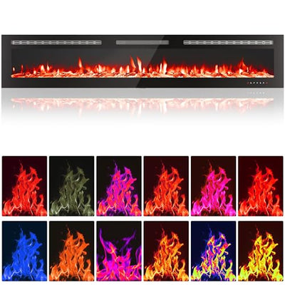80 in Electric Fireplace, in-Wall Smart Electric Fireplace Recessed & Mounted, Dual Heat 750/1500W with Remote, Adjustable Flames, Touch Screen Thermostat 60-99°F, Timer, Log & Crystal Decor