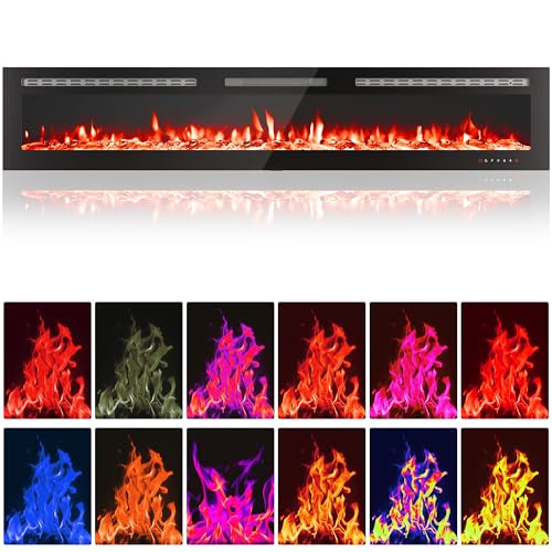 72 in Electric Fireplace, Recessed/Wall Mounted Linear Fireplace with WiFi & Remote Control, Multicolor Flame Effect, 750W/1500W Heating, Includes Log & Crystal Decor, Black Garvee