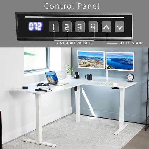 VIVO Corner Standing Desk, 63 x 55 inch Reversible L-Shaped Workstation, Electric Height Adjustment, Home, Office, and Reception Rooms, White Table Top White Frame, DESK-E3CTW VIVO