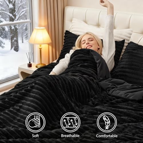 EXQ Home Fluffy Comforter Set Queen Size - Super Soft Faux Fur Stripe Jacquard Comforter 3 Pieces, Black Fleece Bedding Set,Winter Warm Bed Set,1 Comforter with 2 Pillowcases EXQ Home