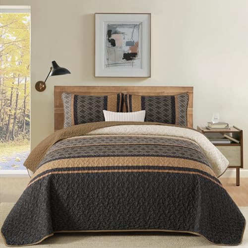 Dinjoy King Size Quilt Set Boho, Soft 3 Pieces Striped Bedspreads Quilts Brown Bedding Sets Boho Lightweight Quilted Coverlets Set Fall Bed for All Seasons 110"x90" Dinjoy