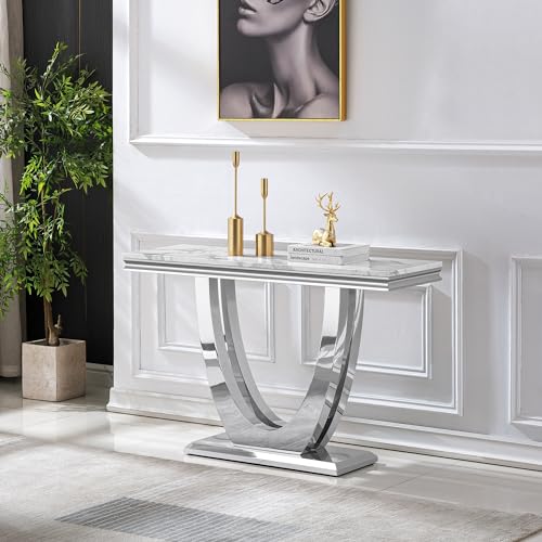 47" Marble Console Table Luxury Silver Sofa Table with Geometric U-Shape Stainless Steel Pedestal Modern Long Console Sofa Table White Marble Entryway Hall Table for Living Room Hallway Goujxcy