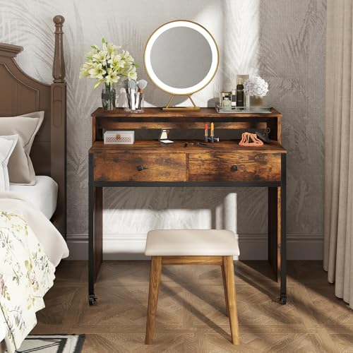 Giantex Small Computer Desk with Hutch & Drawers, Extendable Writing Desk w/Pull Out Secondary Table, Monitor Stand & Rolling Wheels, Console Table, Compact Desk for Small Spaces (Rustic Brown) Giantex