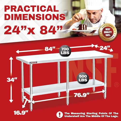Food Prep Stainless Steel Table - DuraSteel 24 x 84 Inch Commercial Metal Workbench with Adjustable Under Shelf - NSF Certified - For Restaurant, Warehouse, Home, Kitchen, Garage DuraSteel