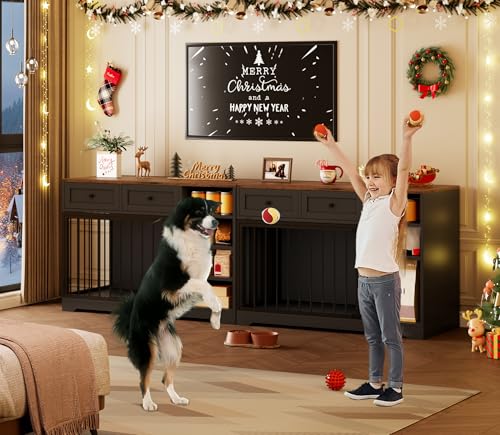 IDEALHOUSE 47” Large Dog Crate, Dog Kennel Indoor with 2 Drawers and 4 Shelves, Dog Crate Furniture TV Stand, Wooden Dog Cage for Medium Large Dogs, Black IDEALHOUSE