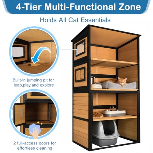 FunXplore Large Cat Catio Outdoor 4 Tiers Cat Enclosure Window Access, Walk-in Cat Cage Cat House for Multiple Indoor Outdoor Cats, Outside Patio 5 Doors Weatherproof Asphalt Roof & PVC Canopy Roof FunXplore